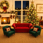 Dollhouse Christmas Lounge Set | 1:12 Miniature Furniture | Red Chesterfield Sofa Green Armchairs | Luxury Holiday Decor