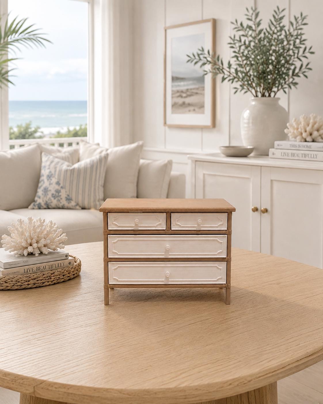 Dollhouse Hamptons Chest of Drawers | 1:12 Coastal Miniature Furniture | White and Natural Bamboo Style Dresser
