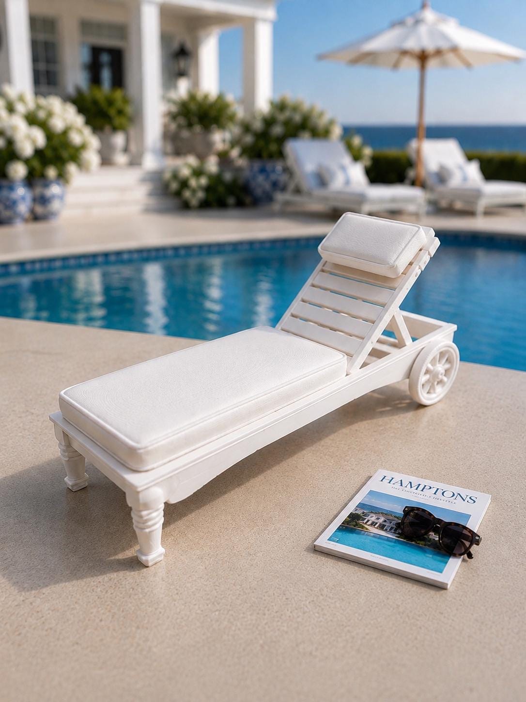 Hamptons Poolside Furniture Set | 1:12 Dollhouse Miniatures | Cabana, Sun Lounger & Drinks Trolley