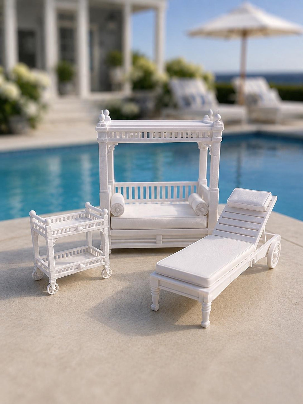 Dollhouse Hamptons Poolside Collection 1:12 Coastal Miniature Outdoor Furniture Luxury Day bed, Sun Lounger and Drinks Trolley