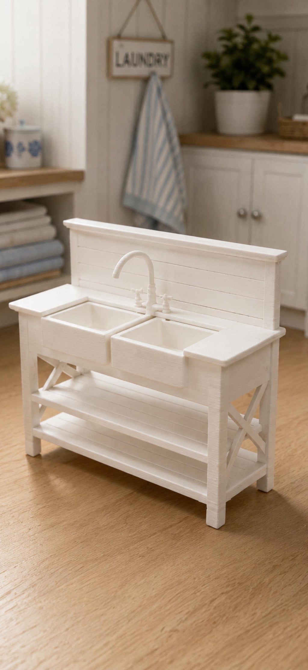 Dollhouse Double Farmhouse Laundry Sink | 1:12 Hamptons Coastal Miniature Furniture | Luxury Laundry Room Wash Station