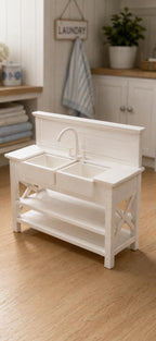 Dollhouse Double Farmhouse Laundry Sink | 1:12 Hamptons Coastal Miniature Furniture | Luxury Laundry Room Wash Station