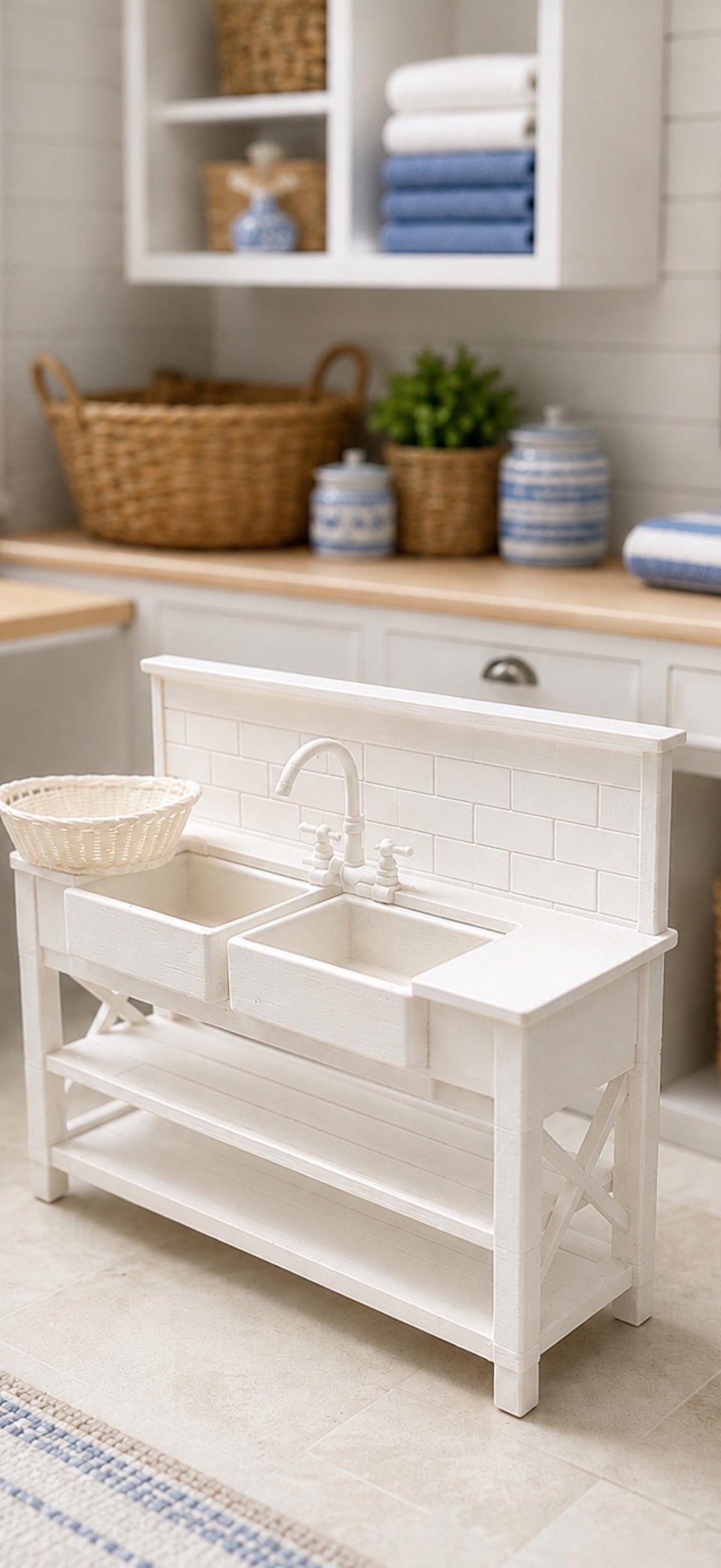 Hamptons Double Laundry Sink | 1:12 Dollhouse Miniature Furniture | Coastal Utility Sink