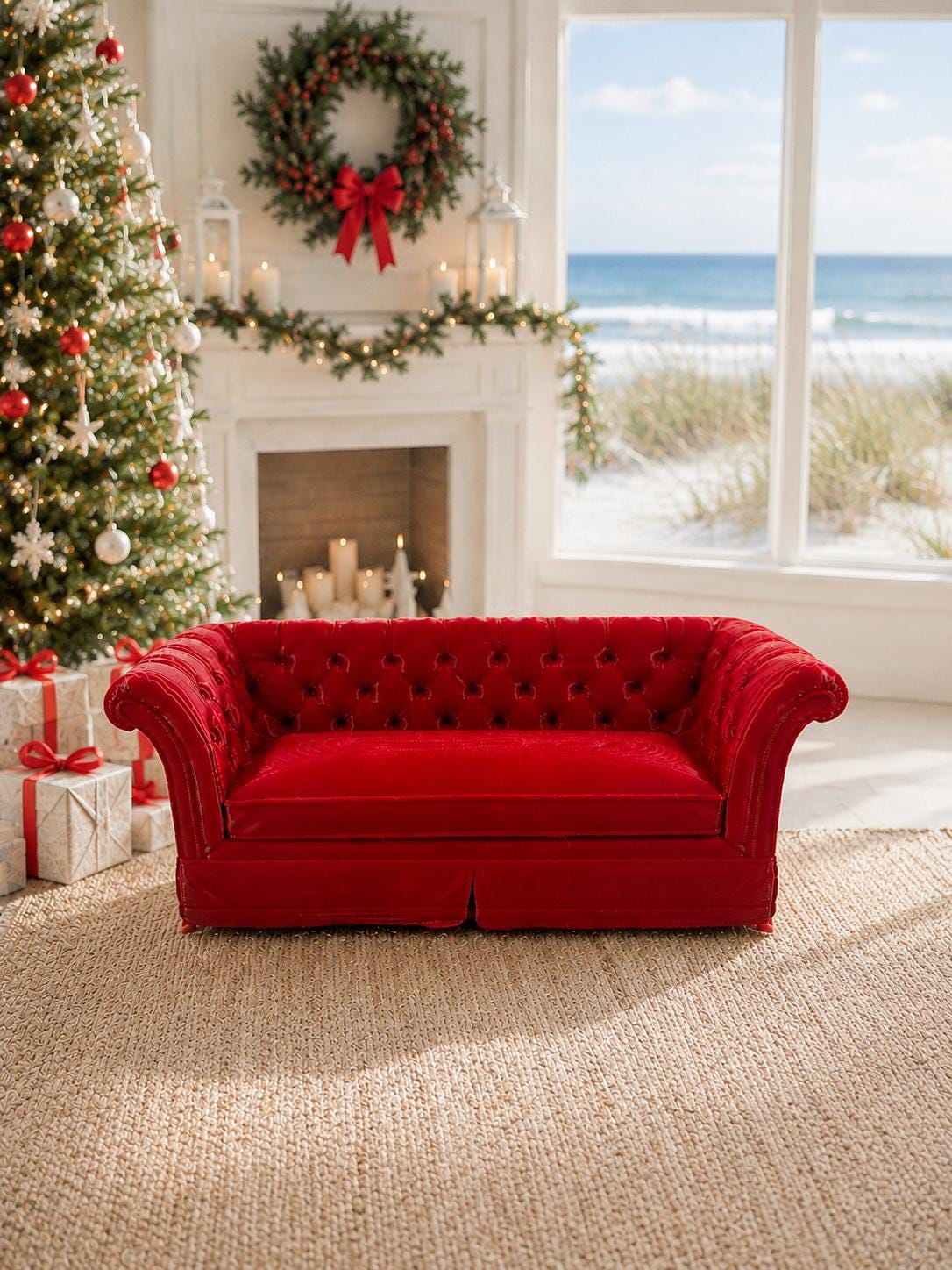 Red Chesterfield Sofa | 1:12 Dollhouse Miniature Christmas Furniture | Festive Lounge