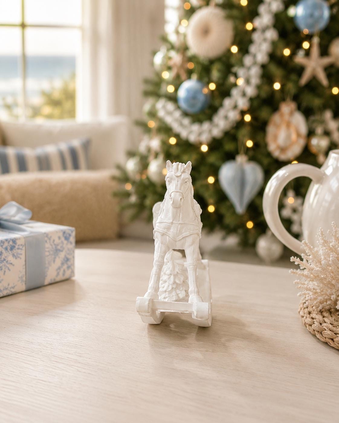 Christmas Rocking Horse | 1:12 Dollhouse Miniature Nursery Decor | White Vintage Rocking Horse