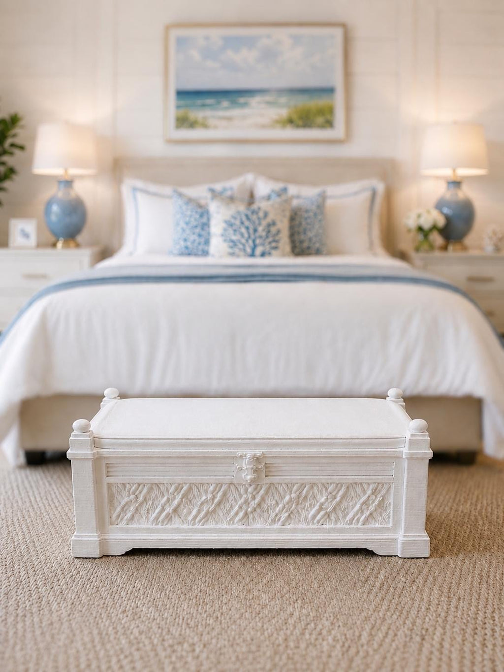 Dollhouse Hamptons Storage Bench | 1:12 Coastal Miniature Furniture | Signature Milky White Bedroom Bench