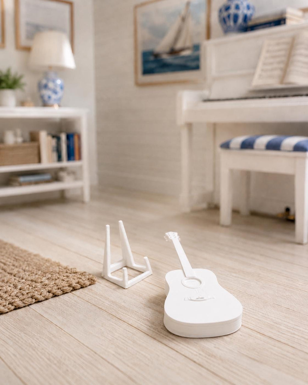 Miniature Acoustic Guitar with Stand | 1:12 Dollhouse Music Room Instrument | Hamptons Décor