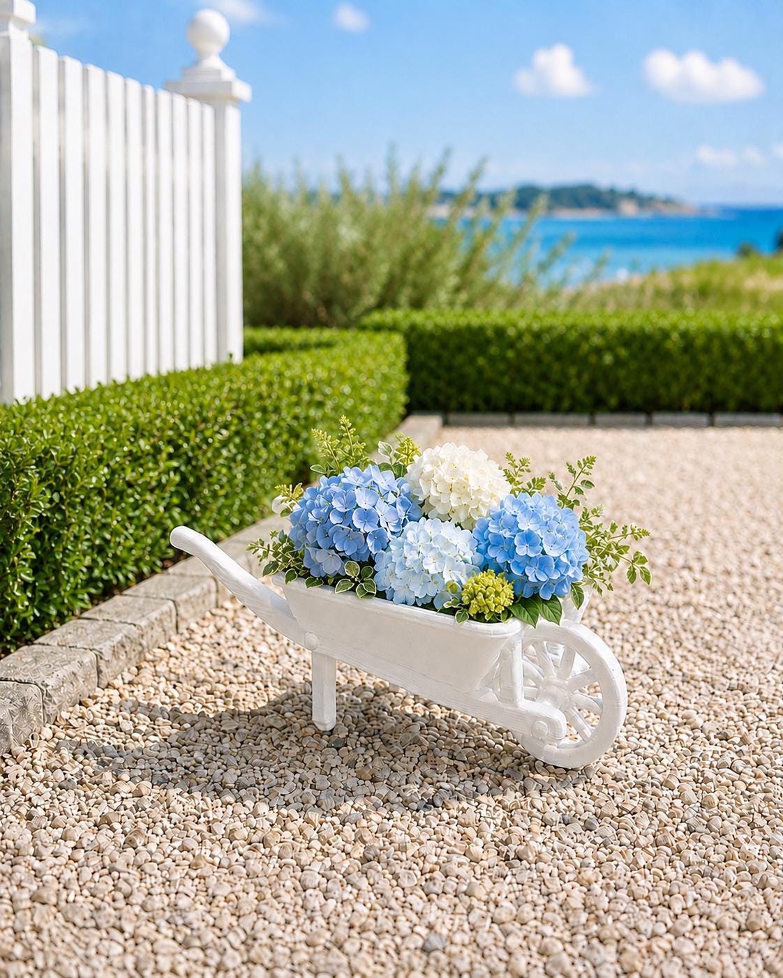 Hamptons Garden Wheelbarrow | 1:12 Dollhouse Miniature Outdoor Furniture | Coastal Garden Décor
