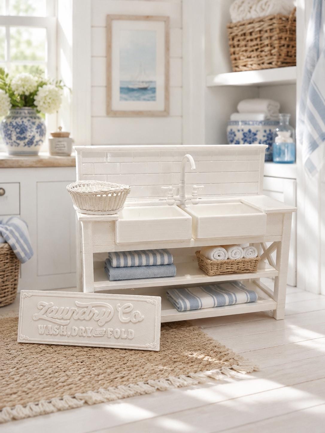 Hamptons Double Laundry Sink | 1:12 Dollhouse Miniature Furniture | Coastal Utility Wash Station