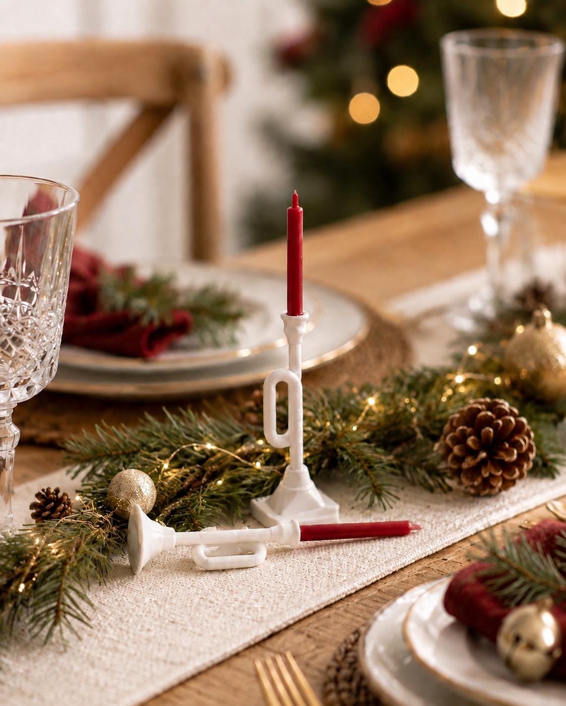 Christmas Trumpet Candle Holders Set | 1:12 Dollhouse Miniature Decor | Red Taper Candles and White Stands