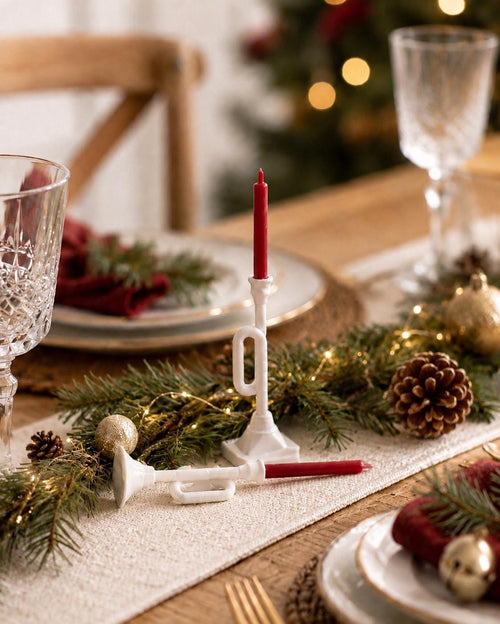Christmas Trumpet Candle Holders Set | 1:12 Dollhouse Miniature Decor | Red Taper Candles and White Stands
