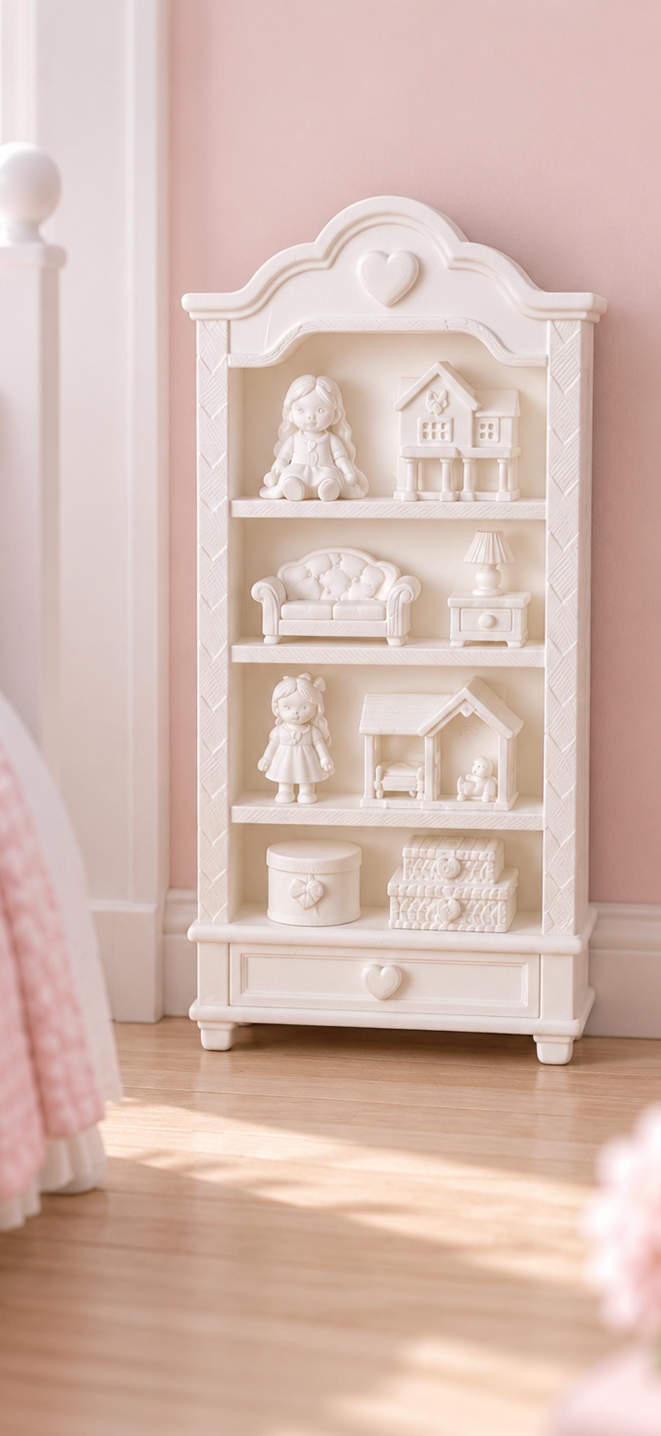 Hamptons Girls Display Bookcase | 1:12 Dollhouse Miniature Furniture | White Nursery Shelf with Toys