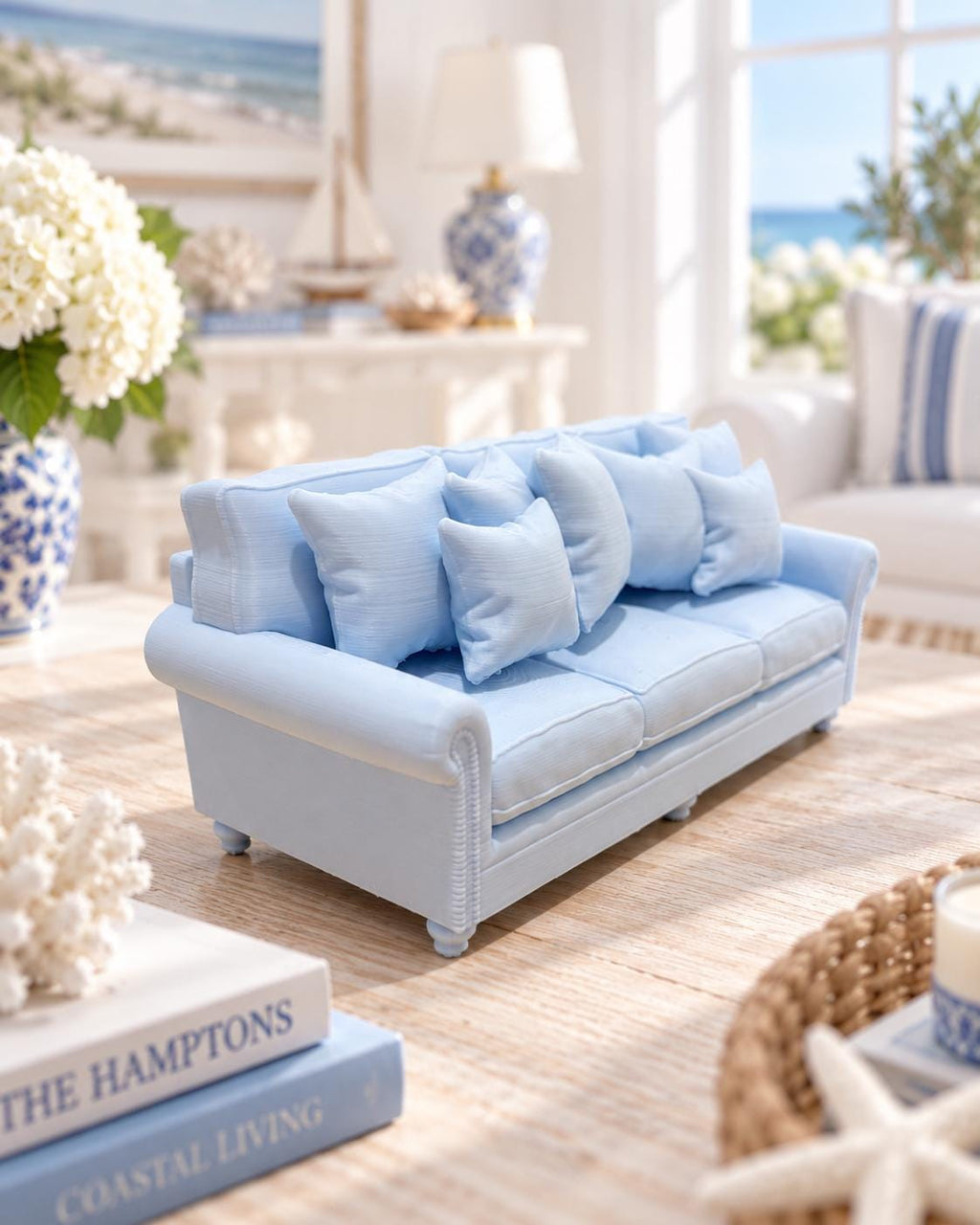 Hydrangea Blue Hamptons Sofa | 1:12 Dollhouse Miniature Furniture | Coastal Three Seater Lounge