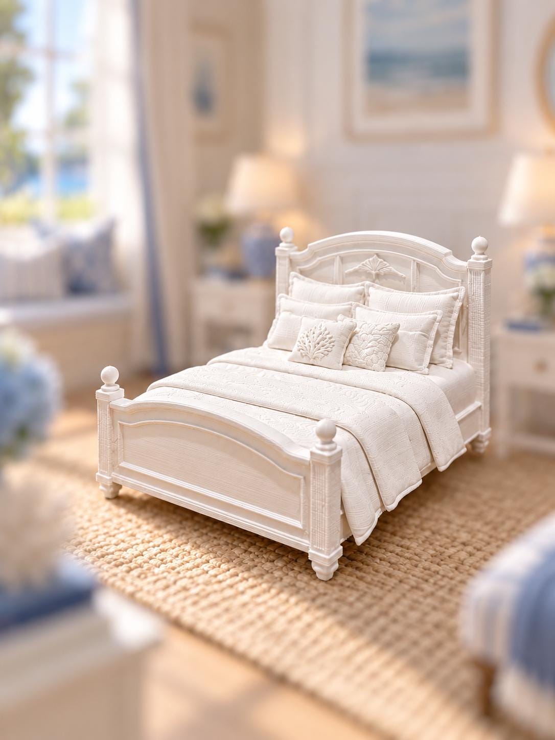 Hamptons Coastal Bed | 1:12 Dollhouse Miniature Bedroom Furniture | Signature Milky White Bed