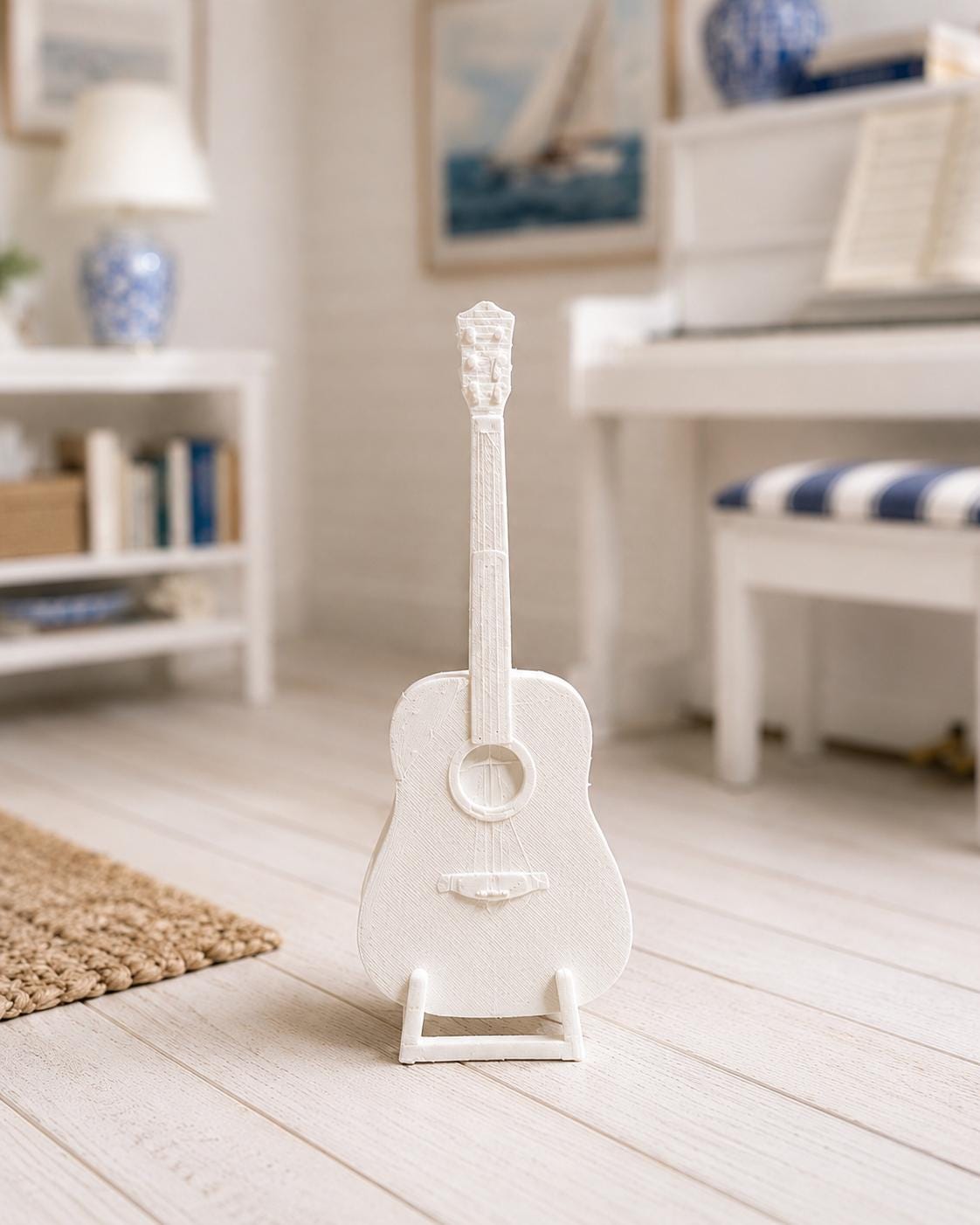 Miniature Acoustic Guitar with Stand | 1:12 Dollhouse Music Room Instrument | Hamptons Décor