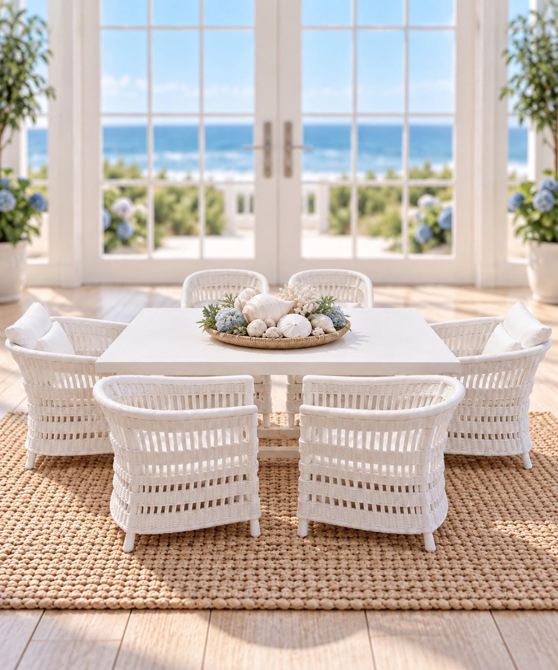 Hamptons Wicker Dining Set | 1:12 Dollhouse Miniature Furniture | Coastal Table and Six Chairs