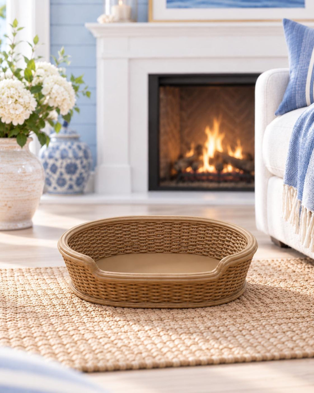 Hamptons Wicker Dog Bed | 1:12 Dollhouse Miniature Pet Furniture | Coastal Pet Basket