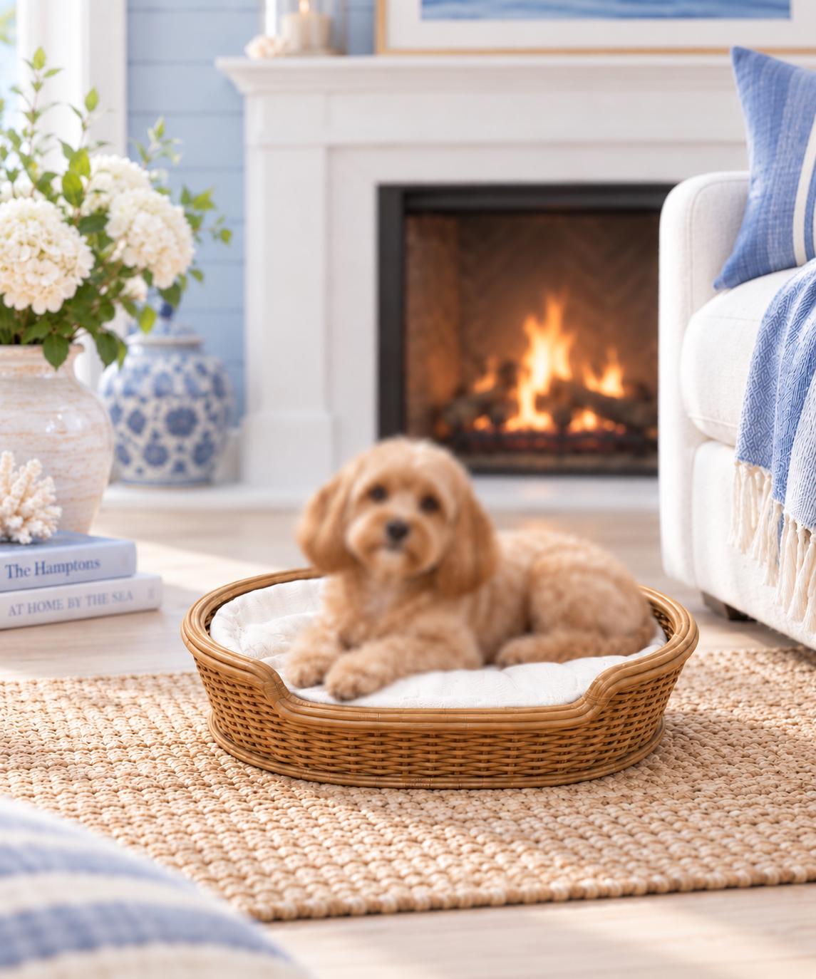 Hamptons Wicker Dog Bed | 1:12 Dollhouse Miniature Pet Furniture | Coastal Pet Basket