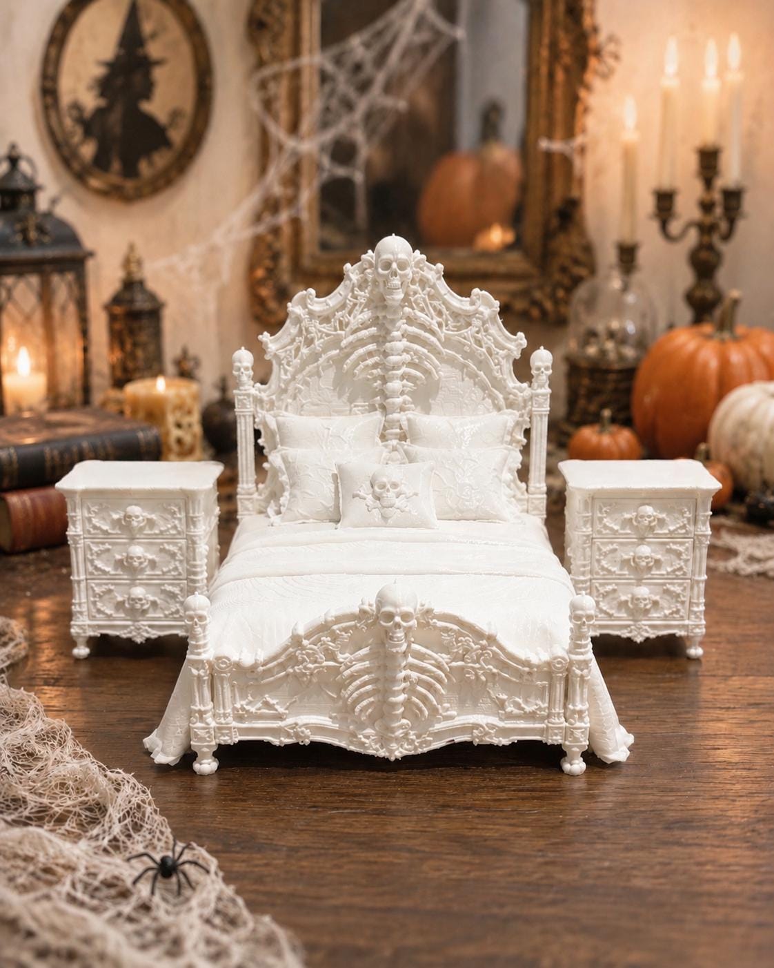 Halloween Skeleton Bedroom Set | 1:12 Dollhouse Miniature Furniture | Hamptons Halloween Déco