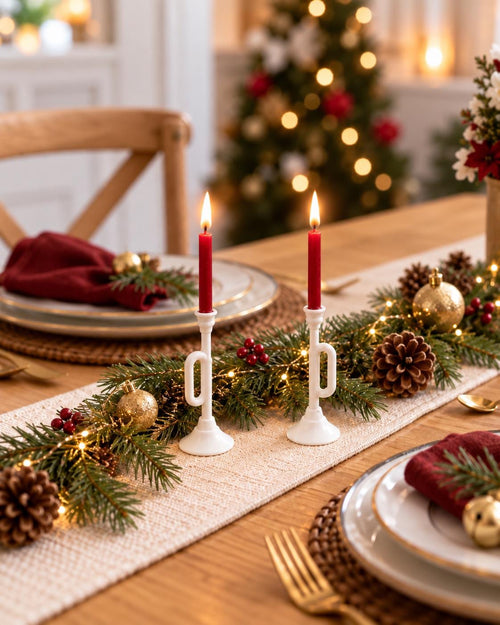 Christmas Trumpet Candle Holders Set | 1:12 Dollhouse Miniature Decor | Red Taper Candles and White Stands