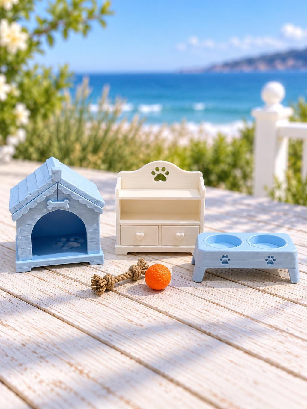 Hamptons Pet Care and Toy Set | 1:12 Dollhouse Miniature Dog House, Feeding Station, Storage Toys