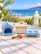 Hamptons Pet Care and Toy Set | 1:12 Dollhouse Miniature Dog House, Feeding Station, Storage Toys