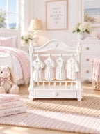 Hamptons Girls Dress Rack | 1:12 Dollhouse Miniature Nursery Furniture | White Clothing Rail and Dresses