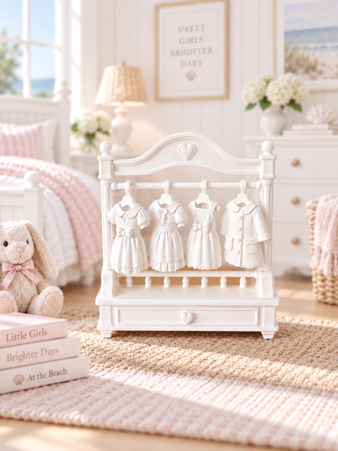 Hamptons Girls Dress Rack | 1:12 Dollhouse Miniature Nursery Furniture | White Clothing Rail and Dresses