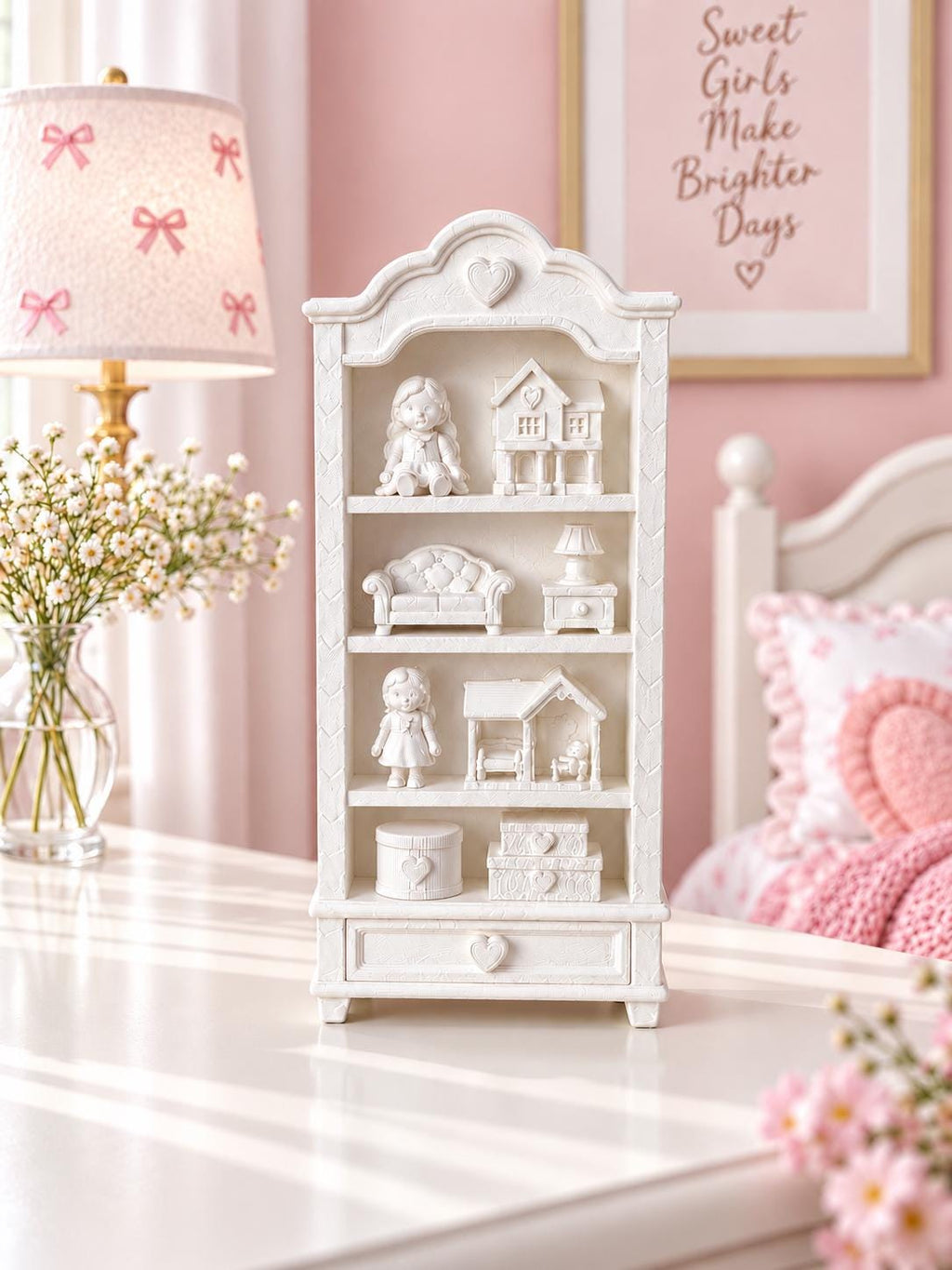 Hamptons Girls Display Bookcase | 1:12 Dollhouse Miniature Furniture | White Nursery Shelf with Toys
