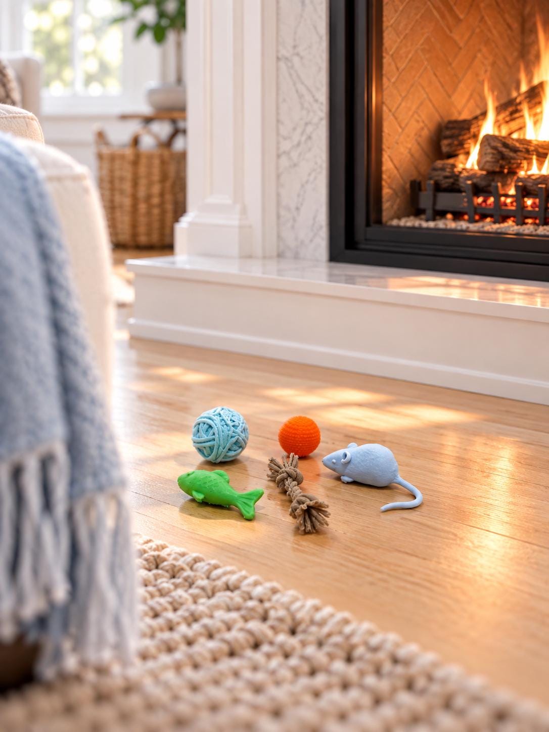 Hamptons Cat Bed and Toy Set | 1:12 Dollhouse Miniature Pet Furniture | Coastal Cat Accessories