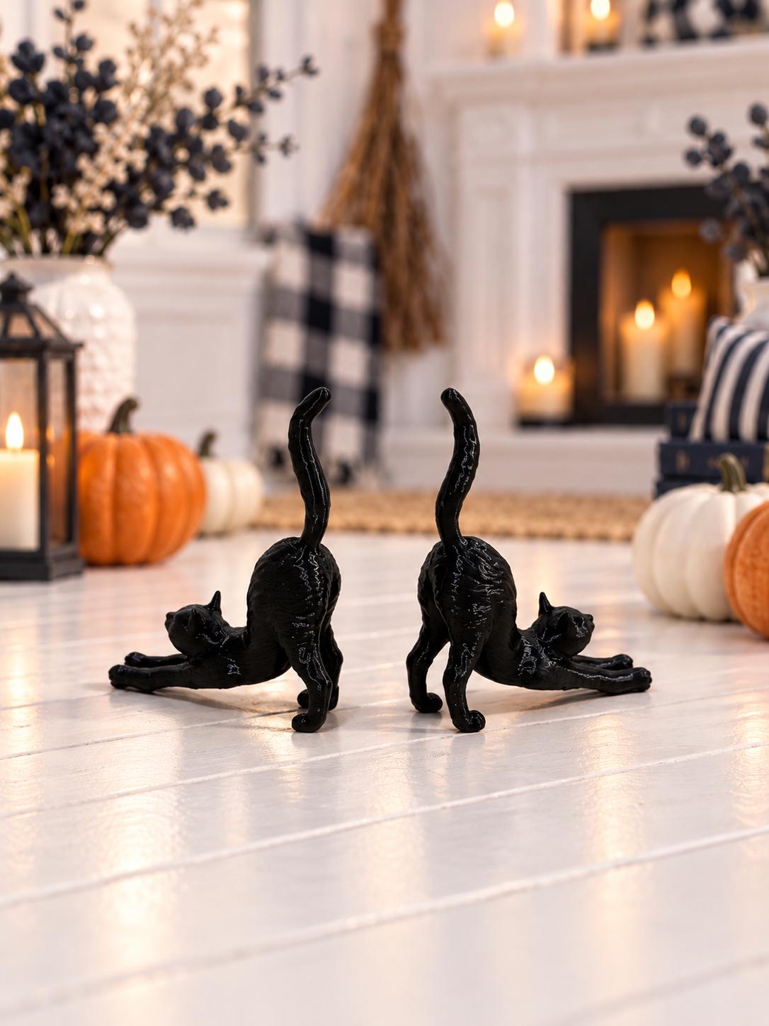 Halloween Black Cat Figurine Set | 1:12 Dollhouse Miniature Decor | Spooky Stretching Cats