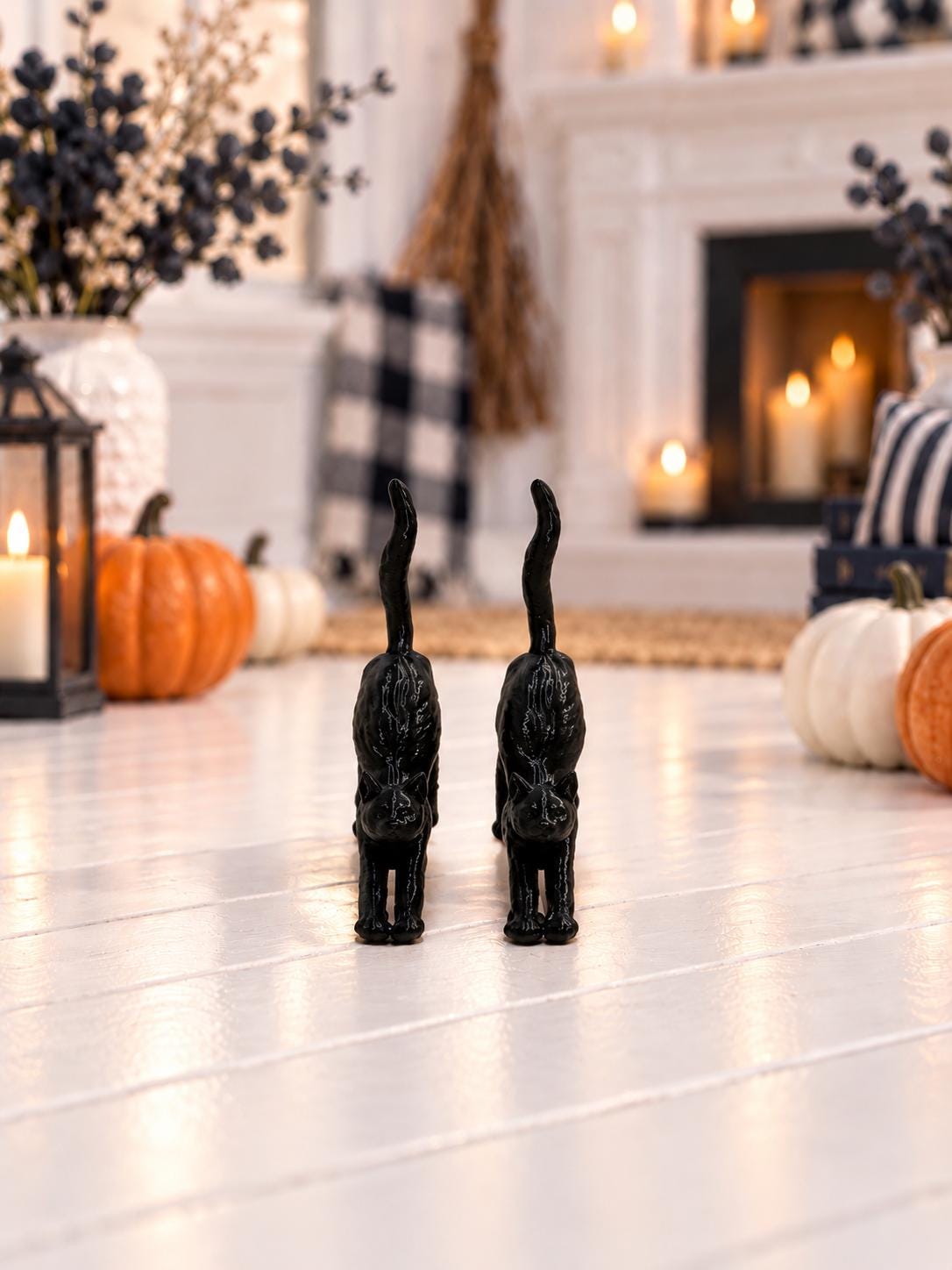 Halloween Black Cat Figurine Set | 1:12 Dollhouse Miniature Decor | Spooky Stretching Cats
