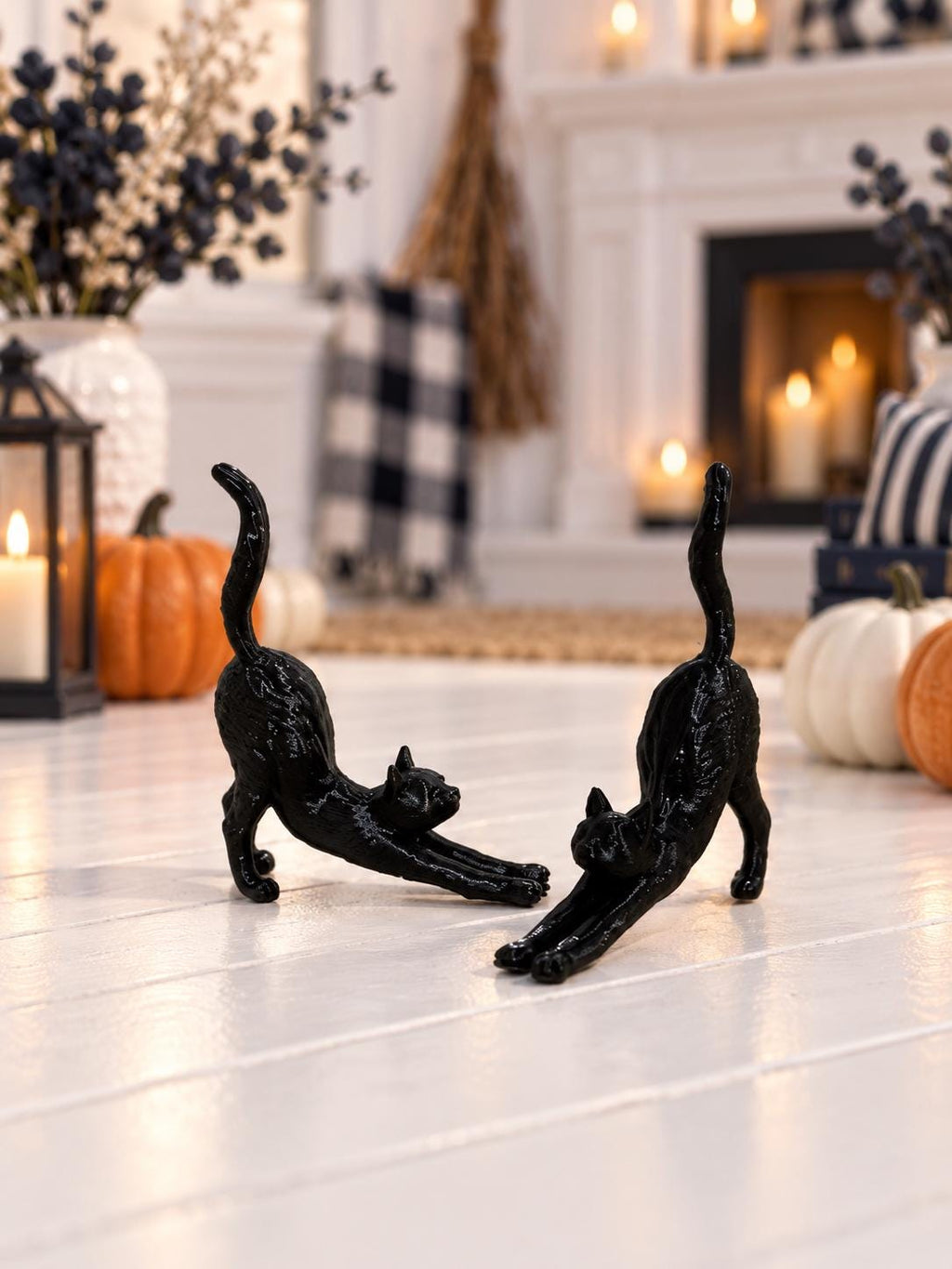 Halloween Black Cat Figurine Set | 1:12 Dollhouse Miniature Decor | Spooky Stretching Cats