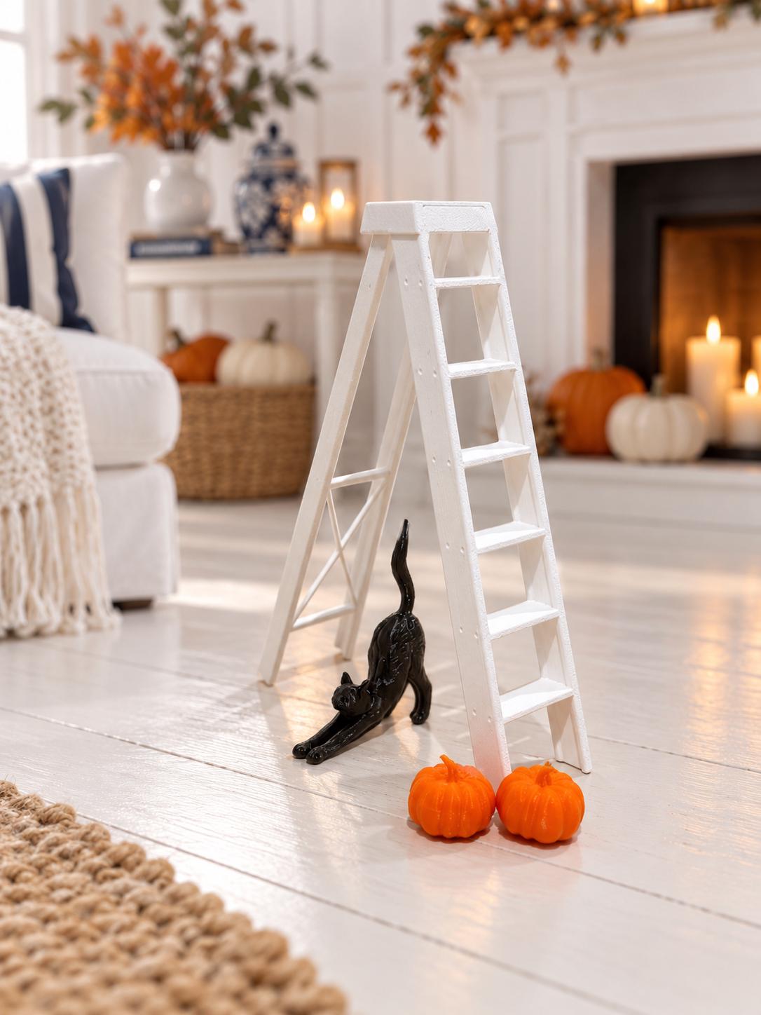 Halloween Decorating Set | 1:12 Dollhouse Miniature Ladder, Black Cat and Pumpkins | Hamptons Fall Decor
