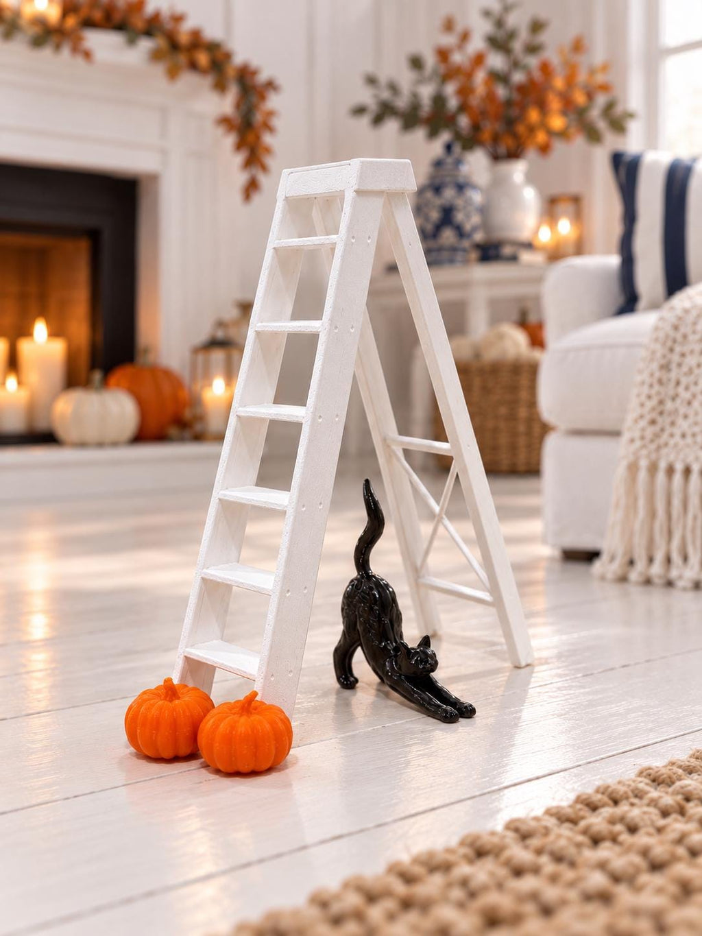 Halloween Decorating Set | 1:12 Dollhouse Miniature Ladder, Black Cat and Pumpkins | Hamptons Fall Decor