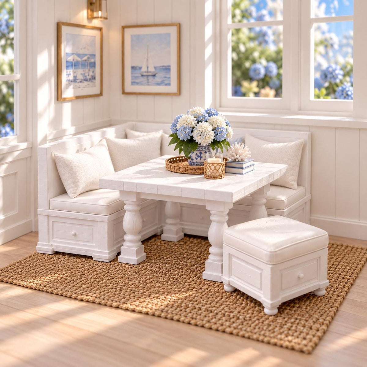 Hamptons Kitchen Breakfast Nook Set | 1:12 Scale Dollhouse Dining Furniture | Corner Bench, Table and Ottoman