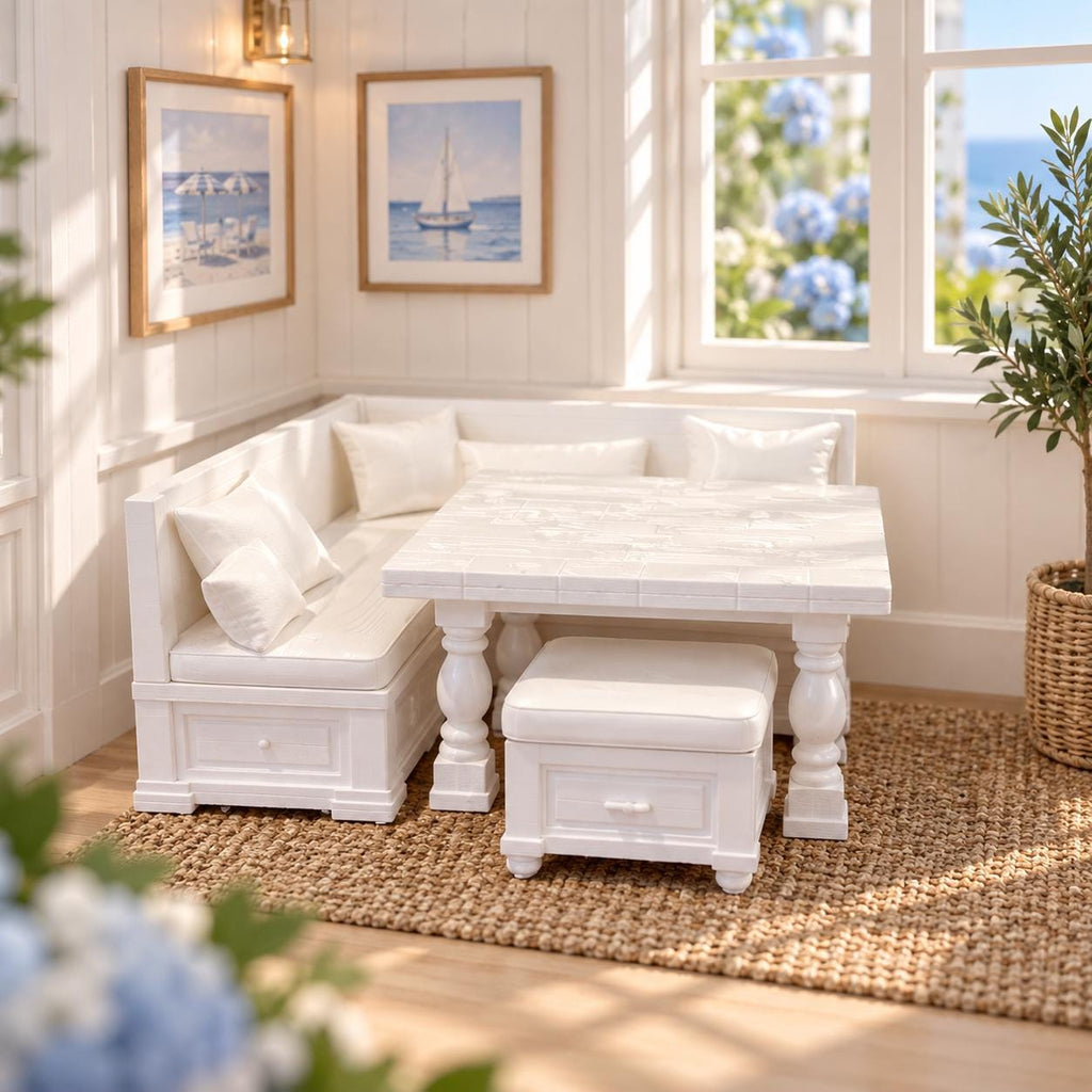 Hamptons Kitchen Breakfast Nook Set | 1:12 Scale Dollhouse Dining Furniture | Corner Bench, Table and Ottoman