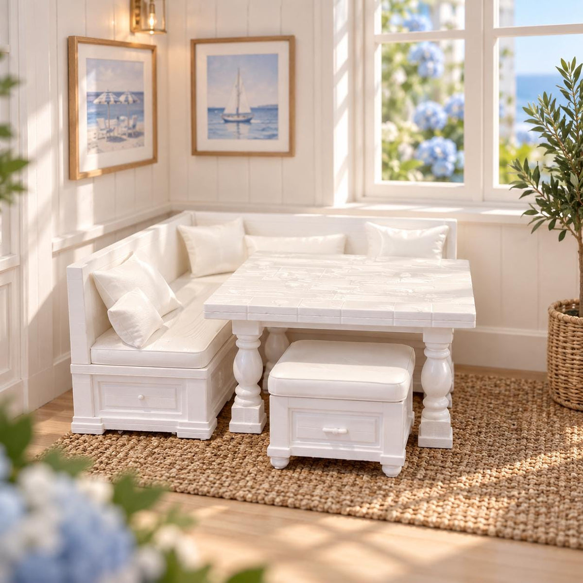 Hamptons Kitchen Breakfast Nook Set | 1:12 Scale Dollhouse Dining Furniture | Corner Bench, Table and Ottoman
