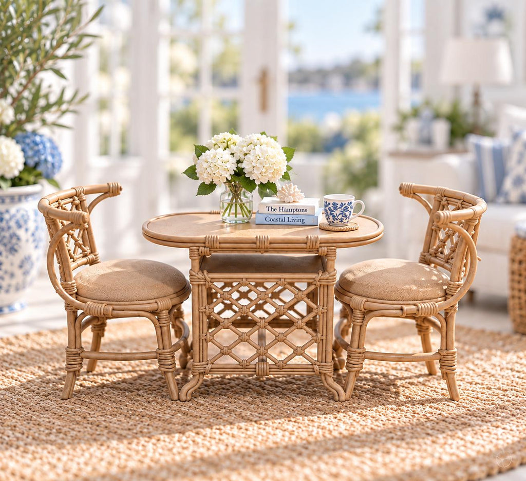 Dollhouse 3-Piece Table and Chair Setting | 1:12 Hamptons Coastal Miniature Furniture | Tan Breakfast Set