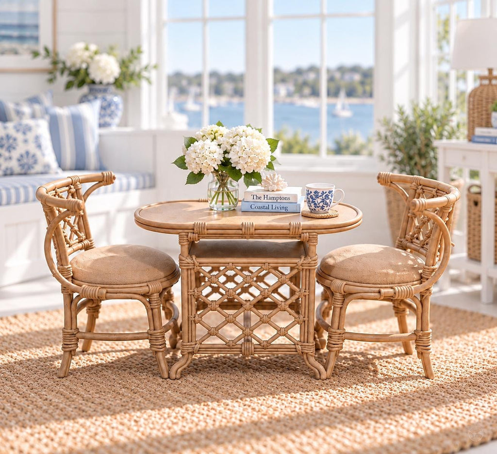 Dollhouse 3-Piece Table and Chair Setting | 1:12 Hamptons Coastal Miniature Furniture | Tan Breakfast Set