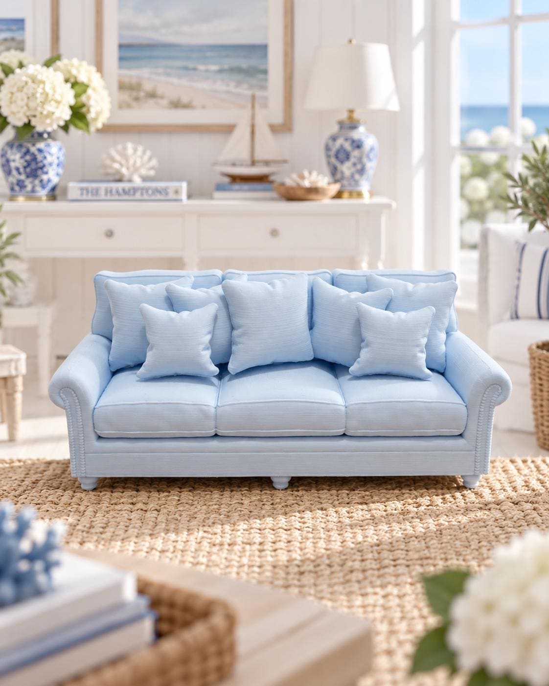 Hydrangea Blue Hamptons Sofa | 1:12 Dollhouse Miniature Furniture | Coastal Three Seater Lounge