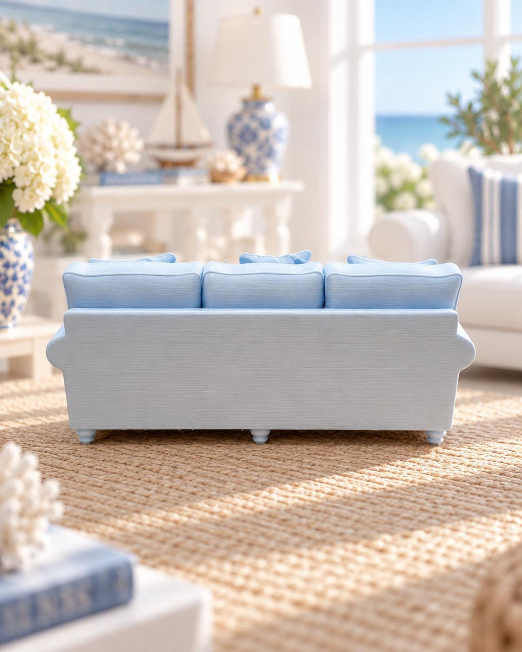 Hydrangea Blue Hamptons Sofa | 1:12 Dollhouse Miniature Furniture | Coastal Three Seater Lounge