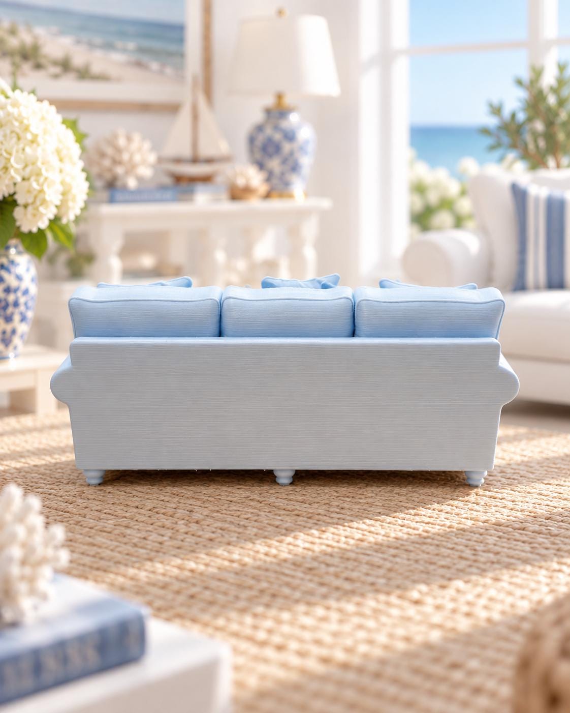 Hydrangea Blue Hamptons Sofa | 1:12 Dollhouse Miniature Furniture | Coastal Three Seater Lounge