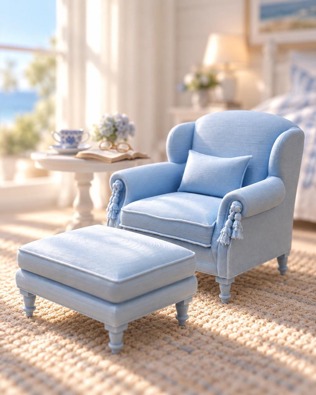 Hydrangea Blue Hamptons Armchair and Ottoman | 1:12 Dollhouse Miniature Furniture | Coastal Chair Set