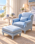 Hydrangea Blue Hamptons Armchair and Ottoman | 1:12 Dollhouse Miniature Furniture | Coastal Chair Set