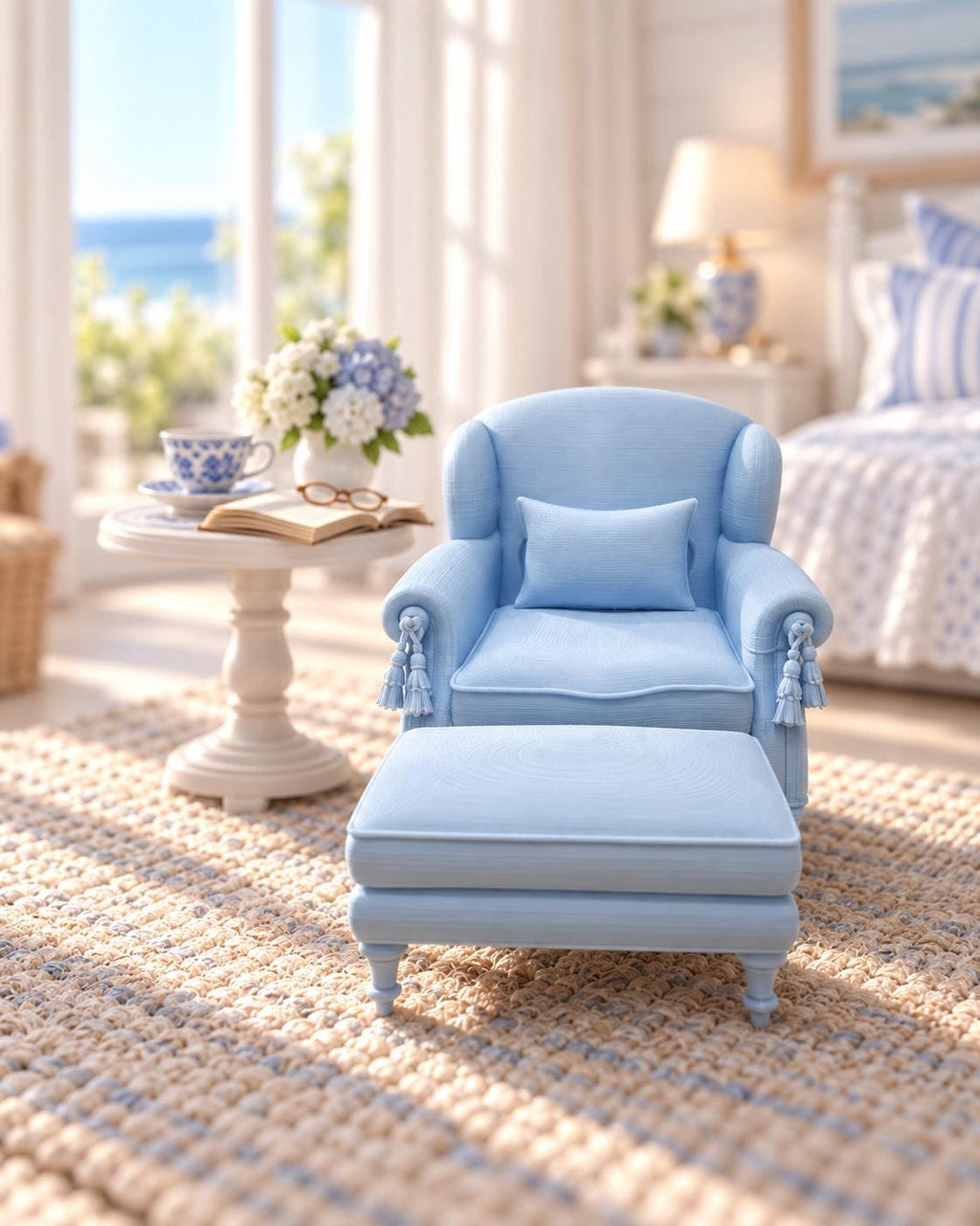 Hydrangea Blue Hamptons Armchair and Ottoman | 1:12 Dollhouse Miniature Furniture | Coastal Chair Set