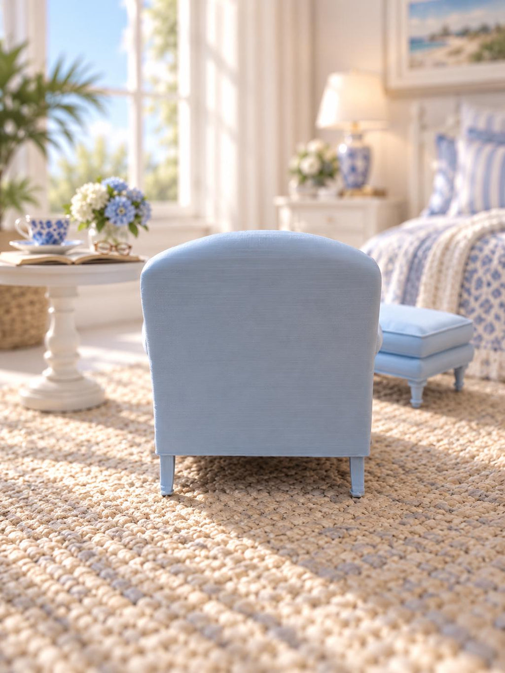Hydrangea Blue Hamptons Armchair and Ottoman | 1:12 Dollhouse Miniature Furniture | Coastal Chair Set