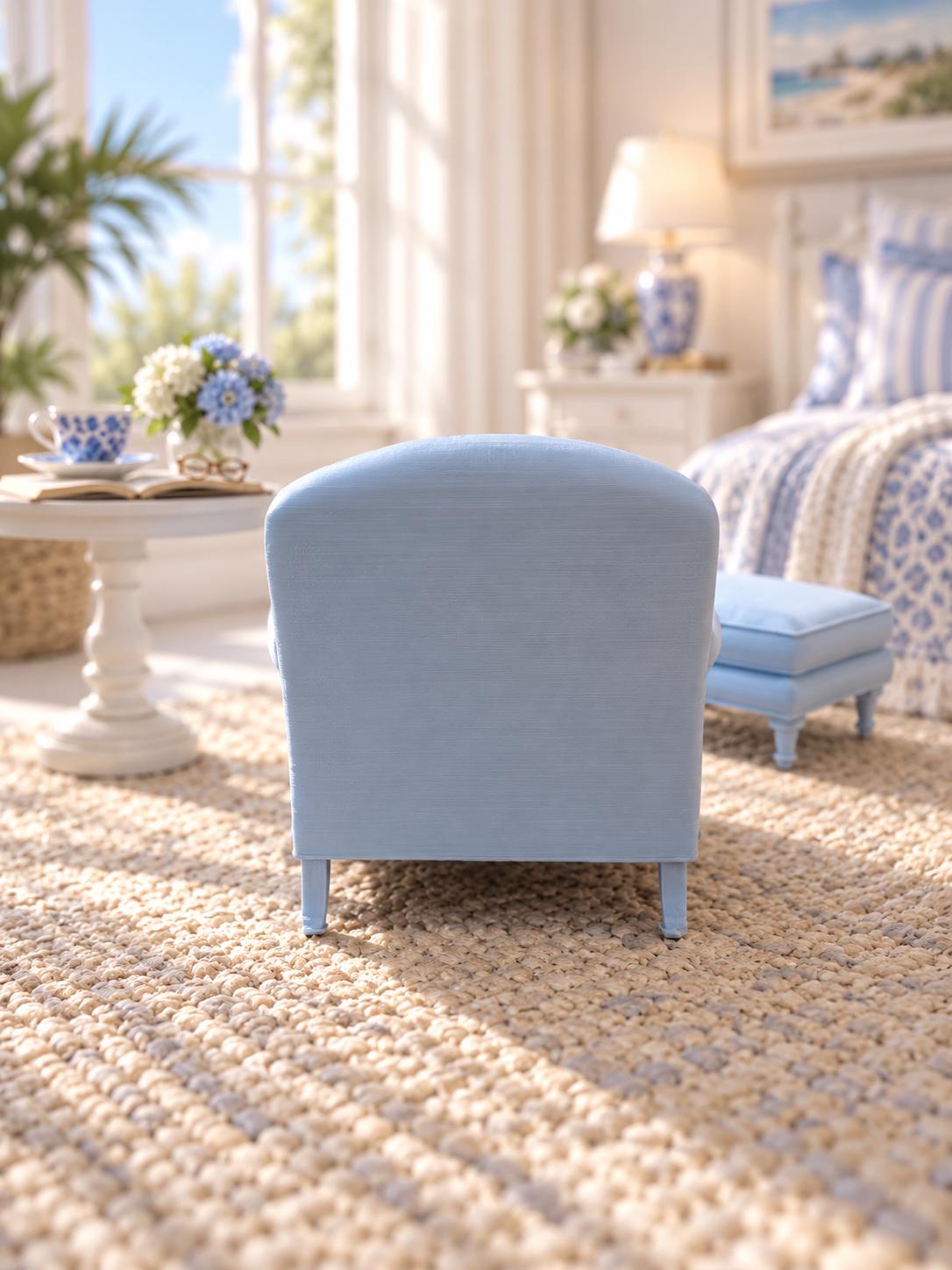 Hydrangea Blue Hamptons Armchair and Ottoman | 1:12 Dollhouse Miniature Furniture | Coastal Chair Set