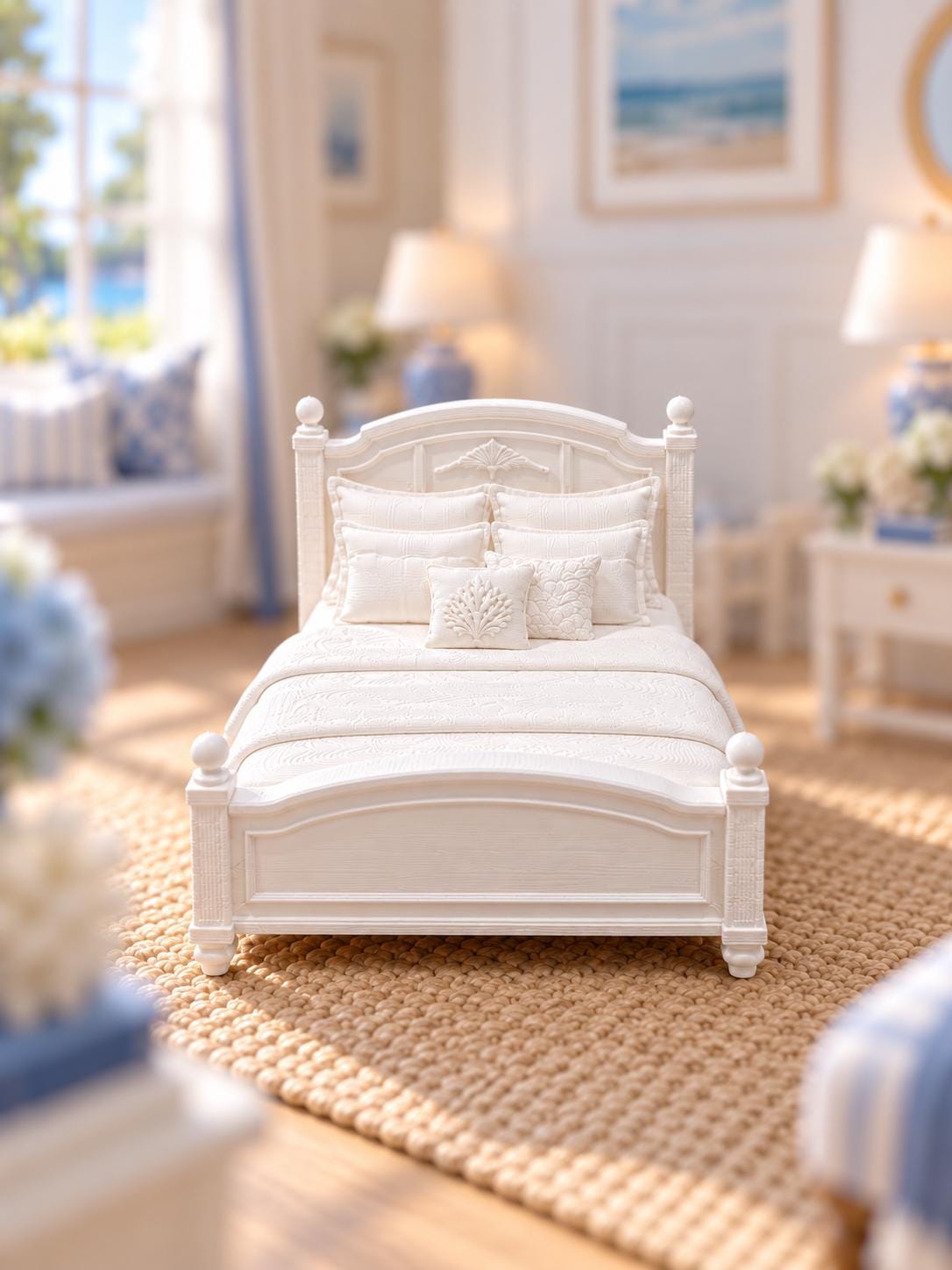 Hamptons Coastal Bed | 1:12 Dollhouse Miniature Bedroom Furniture | Signature Milky White Bed