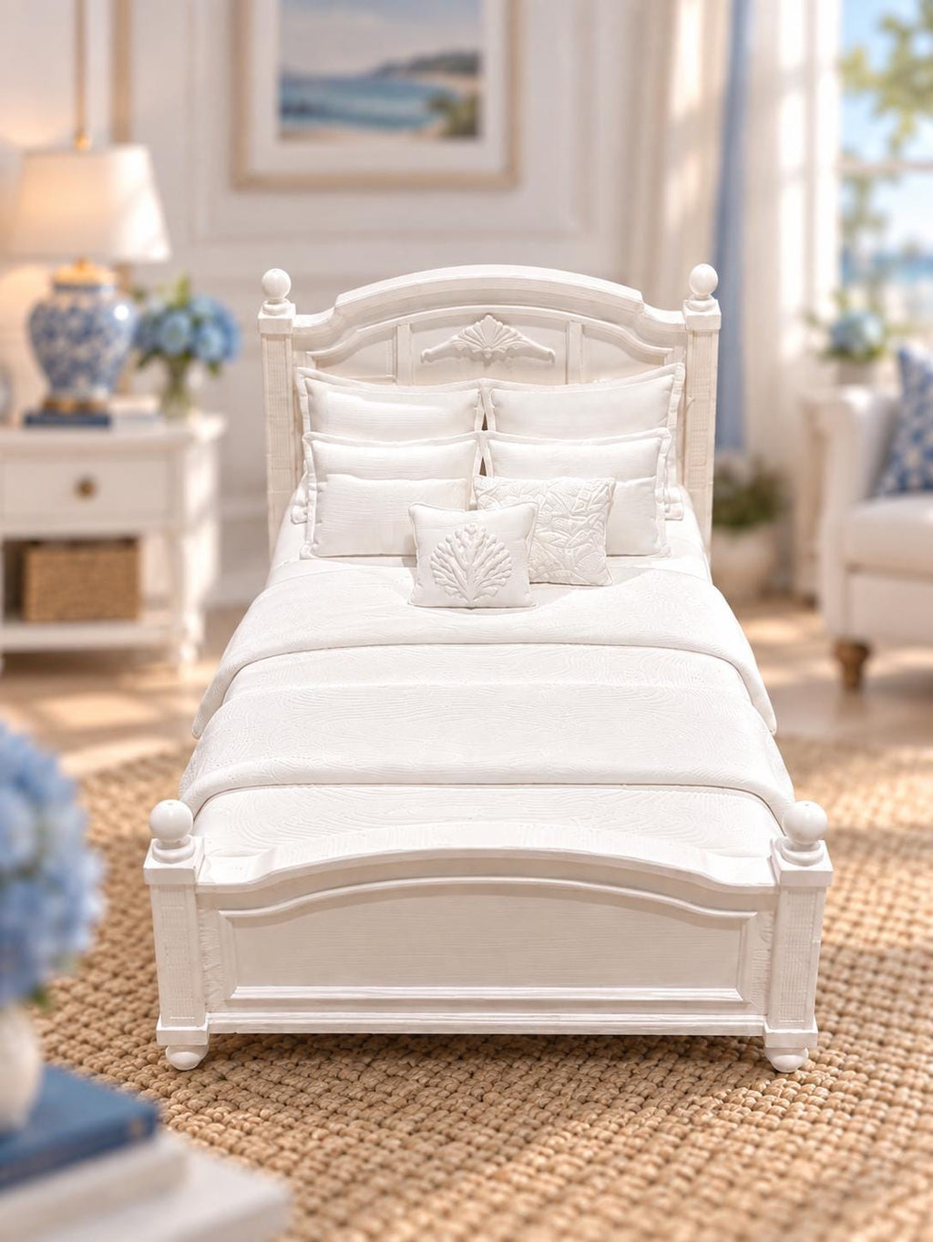 Hamptons Coastal Bed | 1:12 Dollhouse Miniature Bedroom Furniture | Signature Milky White Bed